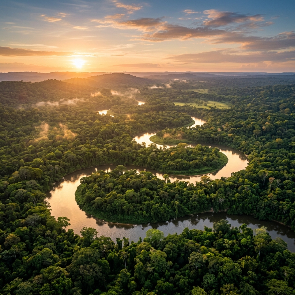 The lush Amazon rainforest at golden hour