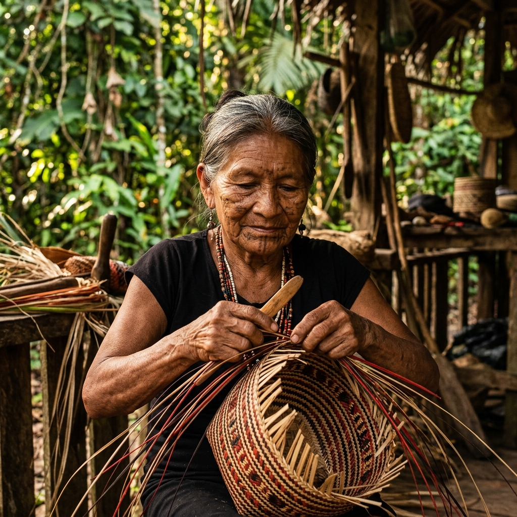 Artesana indígena tejiendo canasta